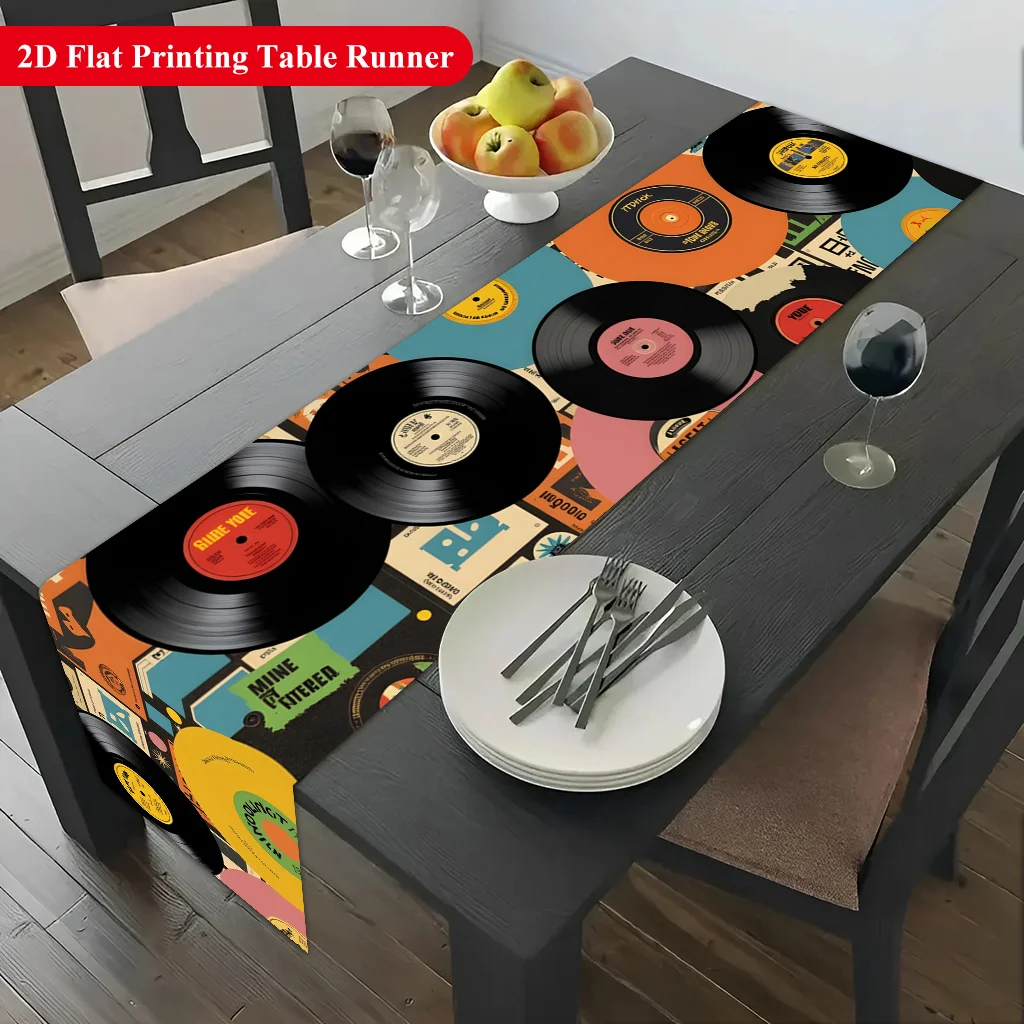 Retro Vinyl Music Record Image Table Runner - Rectangular Table Cover for Banquet, Party Gifts, Dining & Coffee Table Decor