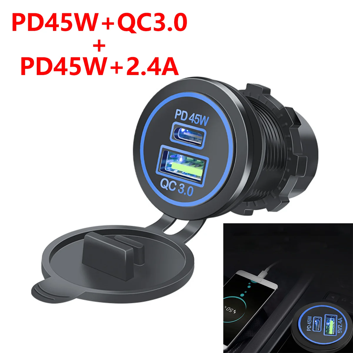 

Dual USB 12V-24V Car Charger Socket PD45W+QC3.0 PD45W+2.4A Quick Charging Power Adapter for Car Motorcycle Boat