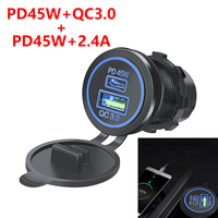 Dual USB 12V-24V Car Charger Socket PD45W+QC3.0 PD45W+2.4A Quick Charging Power Adapter for Car Motorcycle Boat