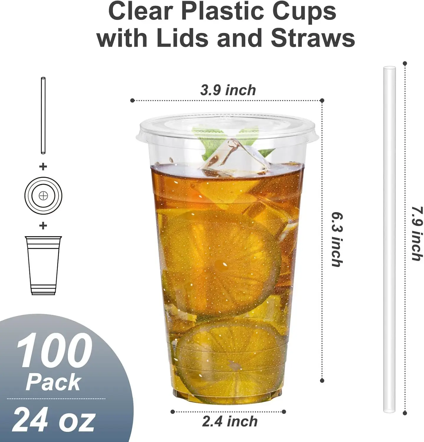 100 Pack - 24 oz Clear Plastic Cups with Lids and Straws, Sturdy & Food Safe Iced Coffee Cups with lids, Disposable Plastic