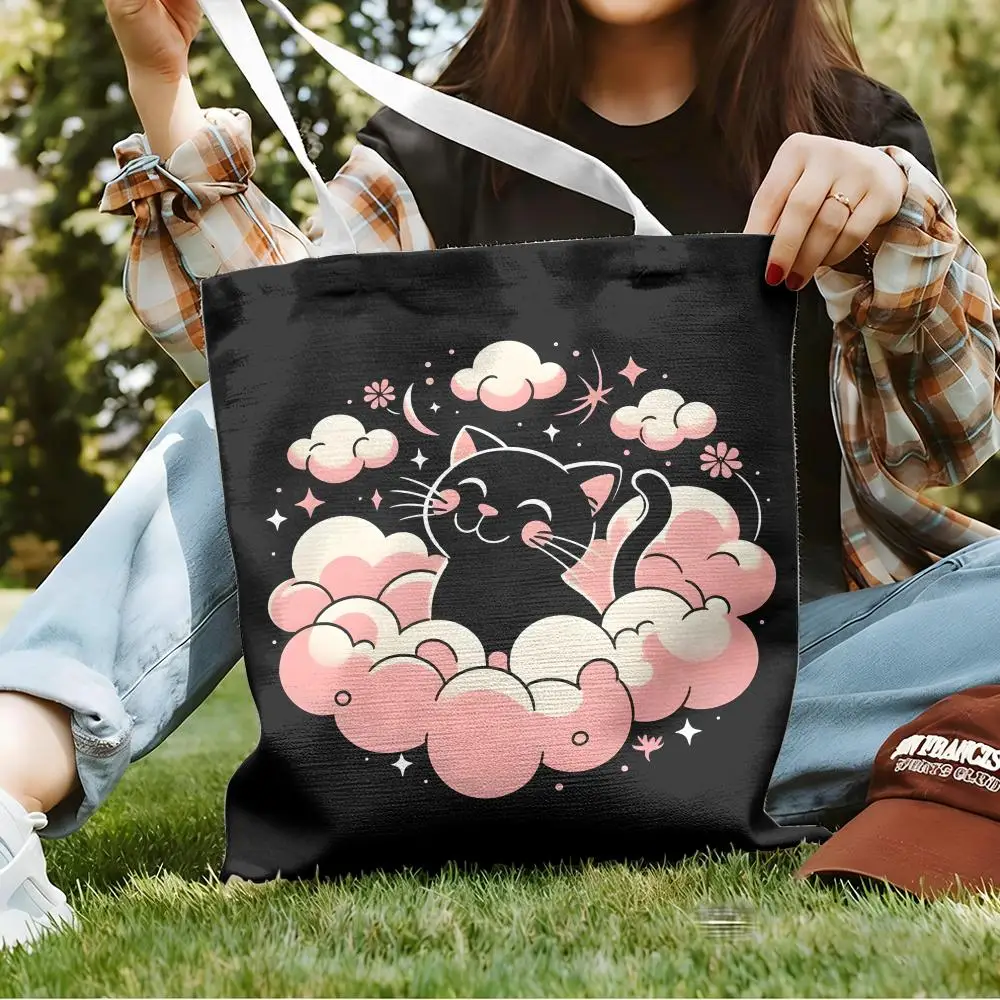 Cute Cat Pink Storage Bags Canvas Double-Sided Print Fashion Shoulder Tote Shopping Bag Gift Eco Handbags