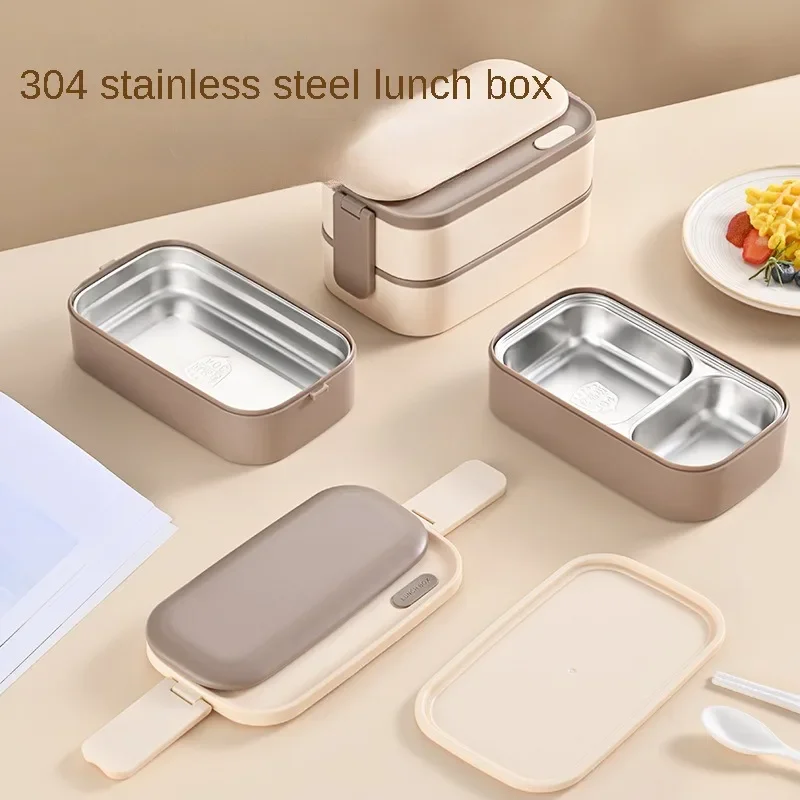 304 Stainless Steel Lunch Box 2 Layers Divided Microwavable Bento Box for Students Office Worker Portable Sealed Food Containers