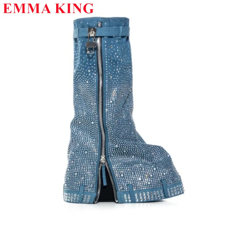 Luxury Designer Women Rhinestone Platform Mid Calf Boots Wedge High Heels Cowboy Boots Round Toe Thick Sole Shoes Woman 2023