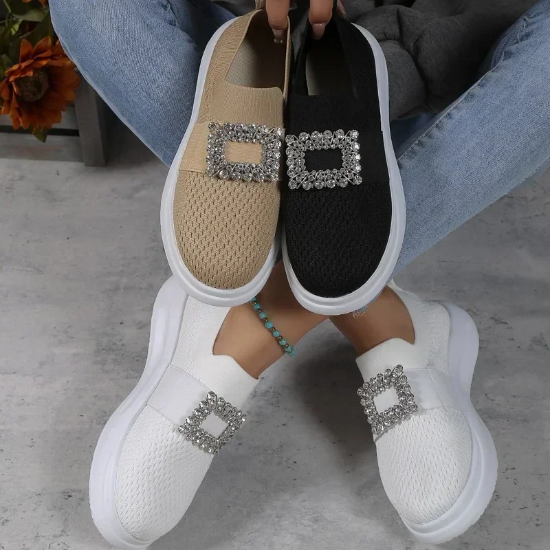 Breathable Single Shoes for Women with Low Top Square Buckle Rhinestone Sleeve Ootboard Shoes for Women with Low Top 2024