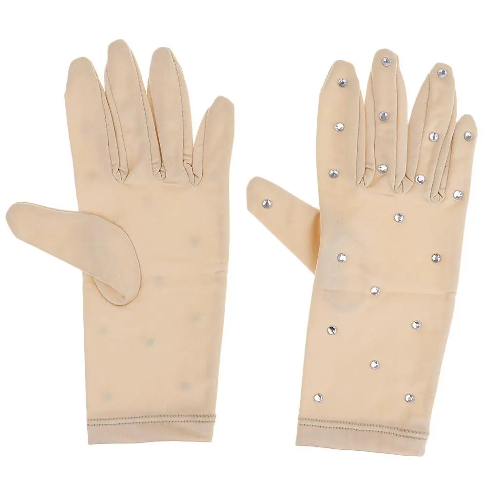 Elastic Girls Gloves with Rhinestones for Ice Figure Skating Competition