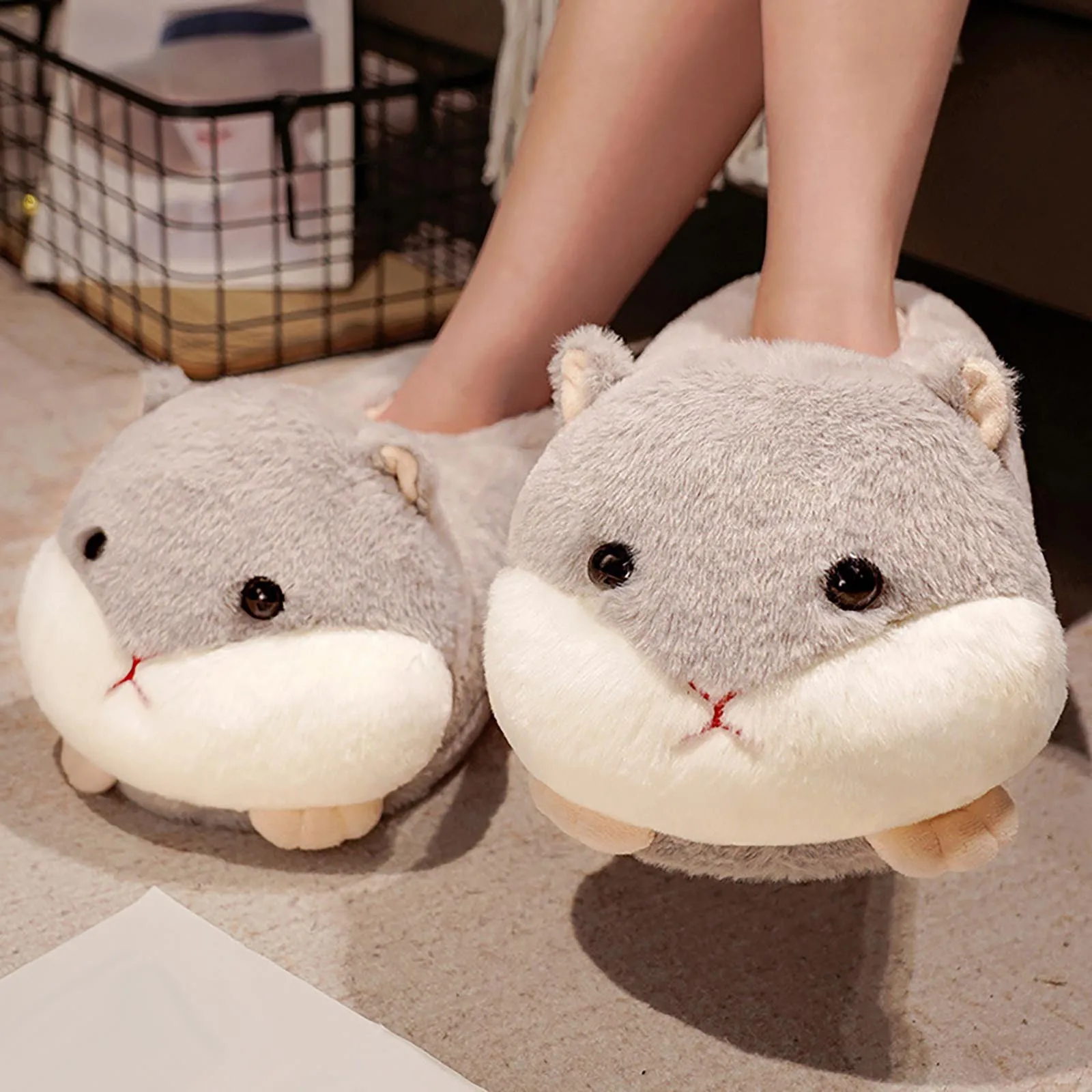 Kawaii Cartoon Animal Warm Shoes Cotton Slippers Cute Animal Non Slip Sole Winter Women Home Shoes Indoor Shark Hamster shoe