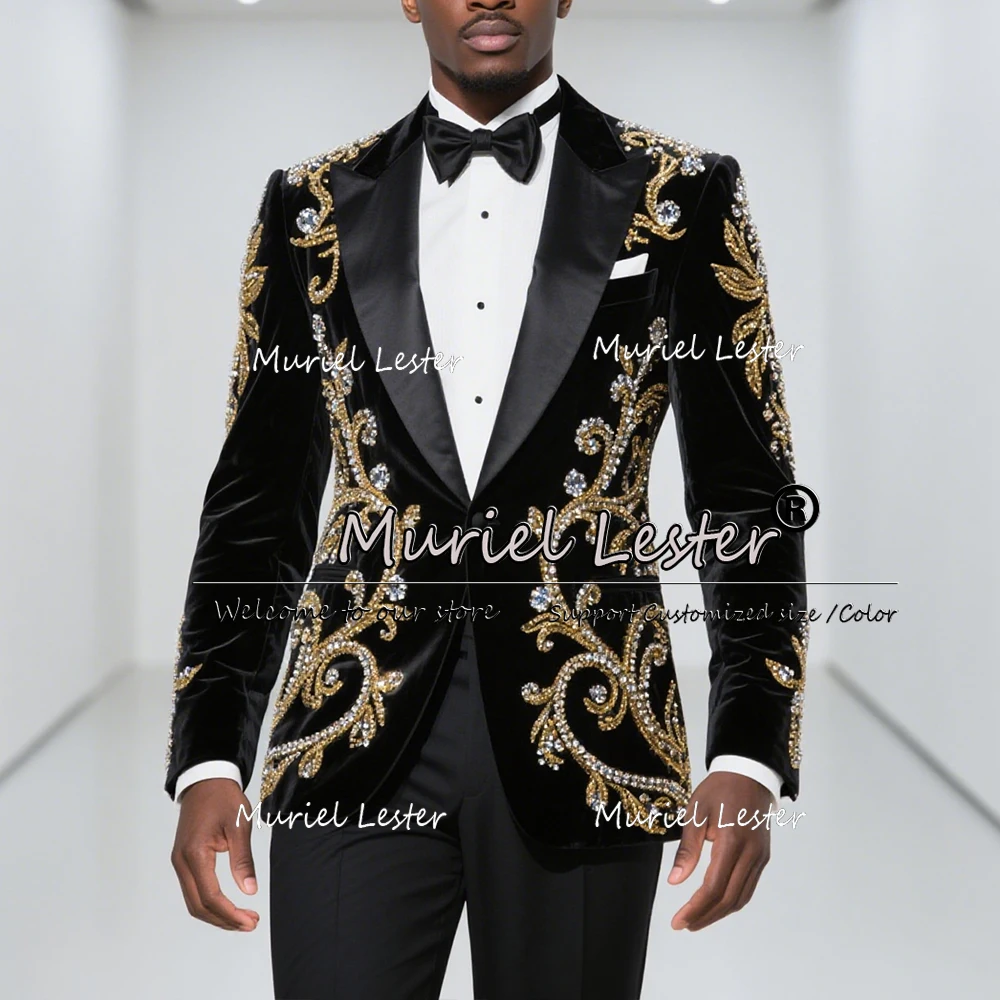 

Brilliant Beaded Stones Suits Men 2 Pieces Sets Wedding Formal Party Blazers Customized Single Breasted Groom Tuxedos Man Dress