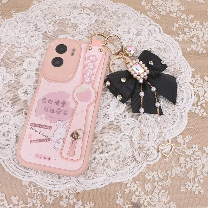 Lolita Phone Charm Keychain Kawaii Pearl & Rhinestone Decoration with Bow Aesthetic Ita Bag Pendant