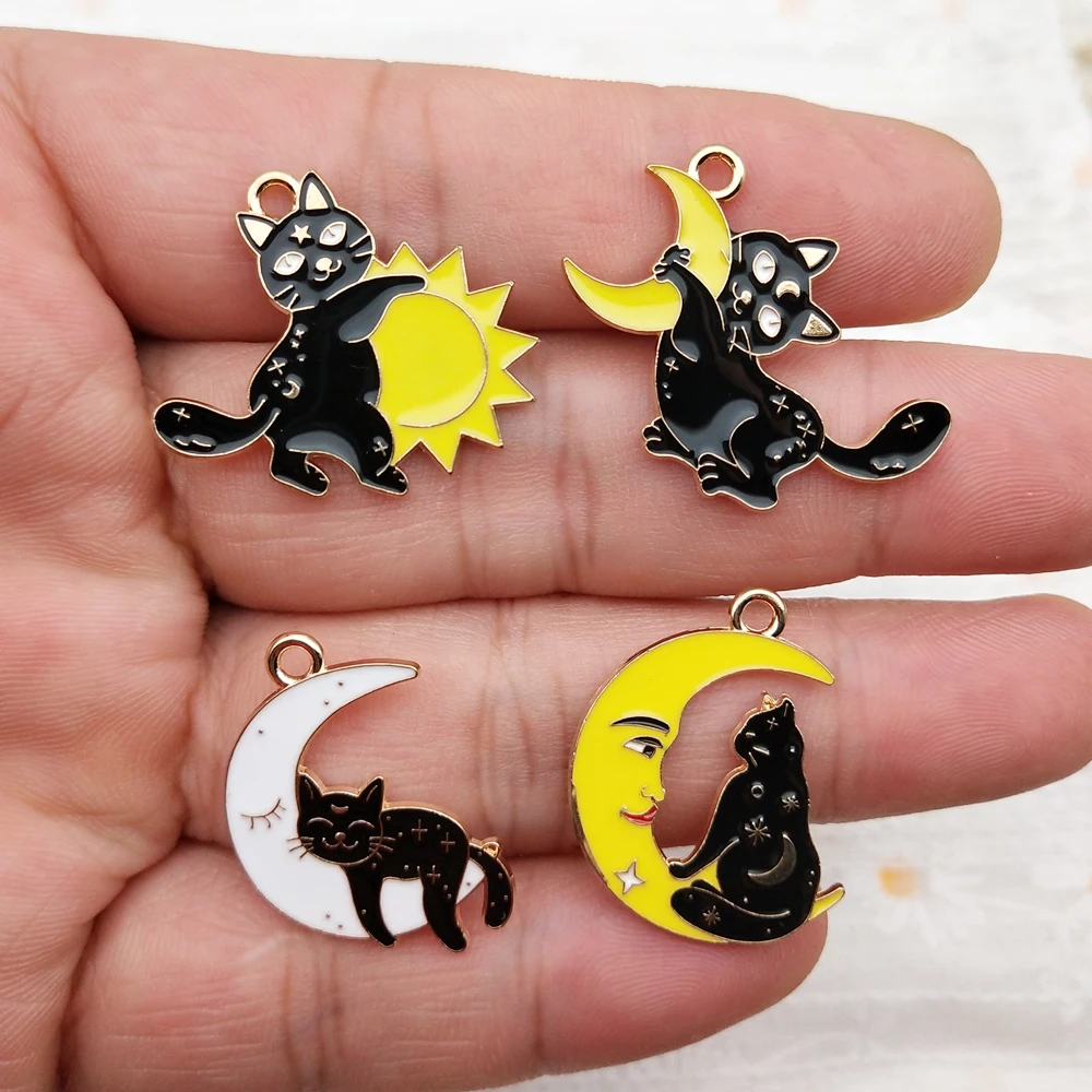 10pcs Sun Moon Cat Charms for Jewelry Making Enamel Necklace Keychain Phone Pendant Diy Accessories Alloy Metal Gold Plated