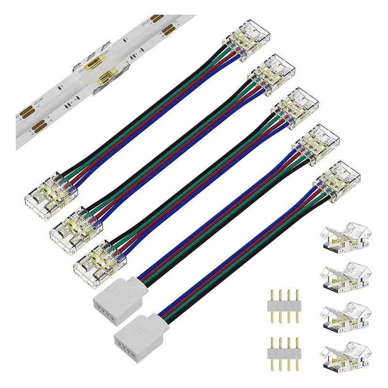 DTA4 COB LED Strip Connectors Kit 4 Pin Dual Ends Extension Wire 5.5In for 10mm RGB LED Strip Lights Gapless Solderless