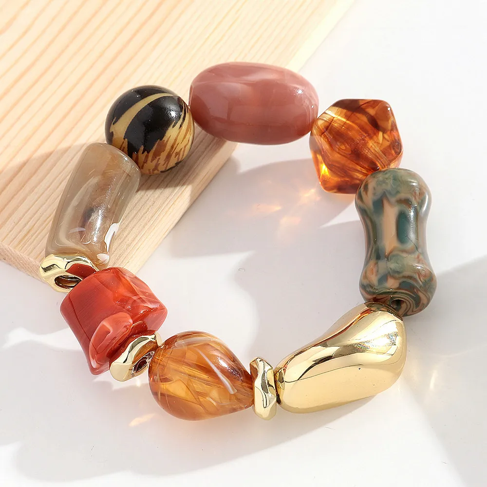 Vintage Acrylic Irregular Beads Elastic Bangle Bracelets for Women Resin Geometric Beaded Stretch Bracelet New Jewelry Gifts