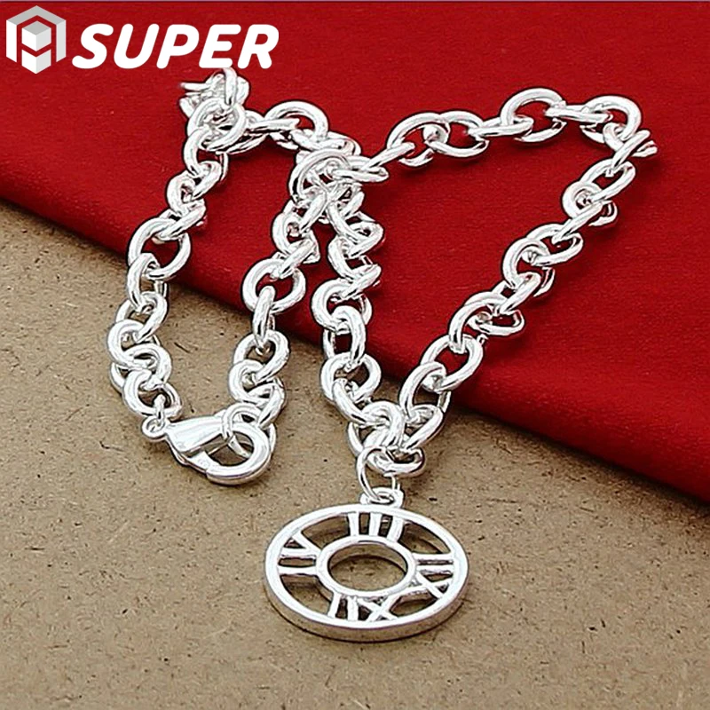 

925 Sterling Silver Roman Numeral Circle Pendant 18 Inch Chain Necklace For Women Wedding Engagement Fashion Jewelry