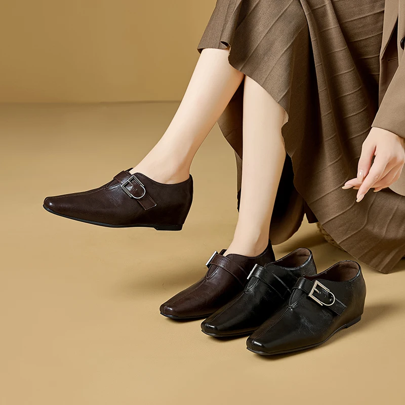 High Quality Leather PU Women's Loafers Invisible Heel High Heels for Ladies Elegant Women's Shoes Comfortable Mary Jane Flats