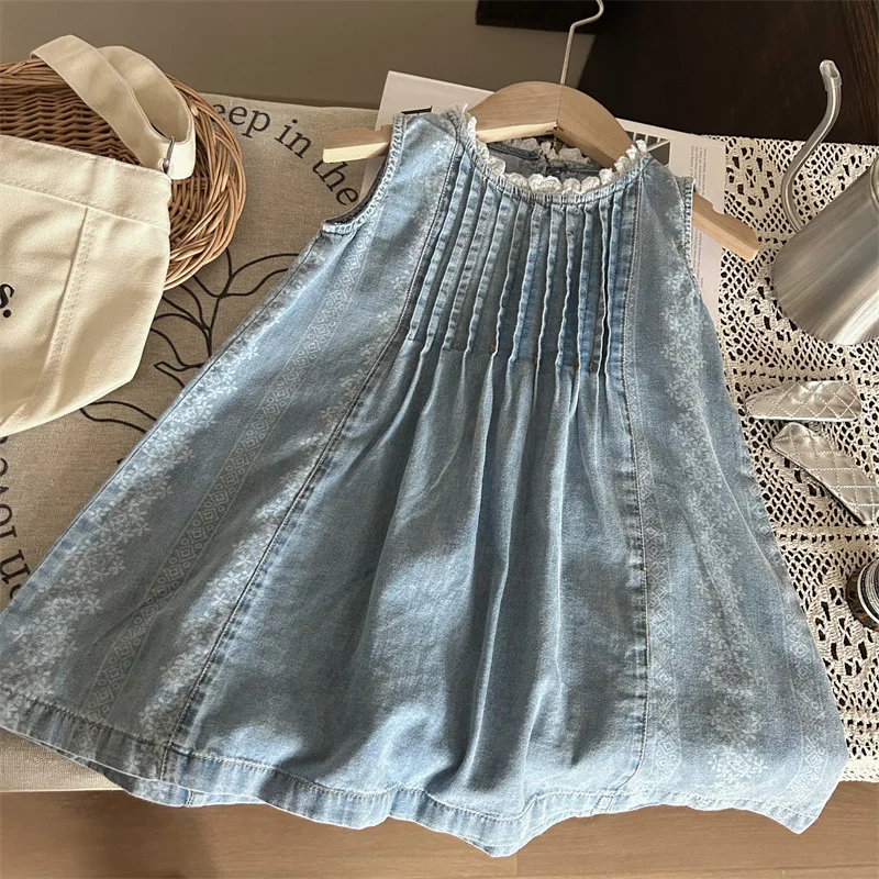 

Girl Dress Korean Style Children Wear 2024 New Summer Girl Dress Children Foreign Style Thin Beach Holiday Style Denim Skirt