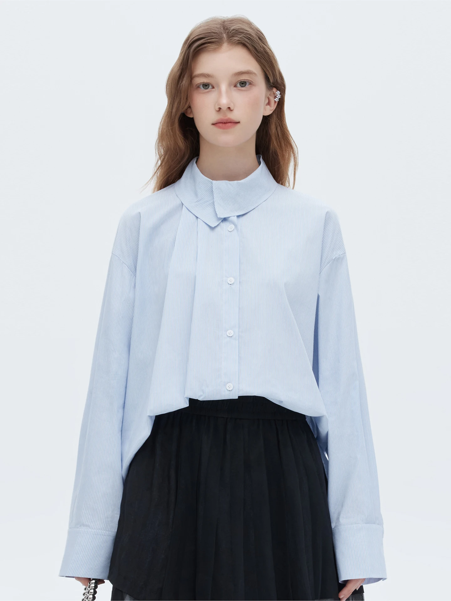 

Queen Asymmetrical Flip Collar Long Sve Color Woven Loose Cotton Nylon Blend irt Striped Pattern Button Closure Casual Top