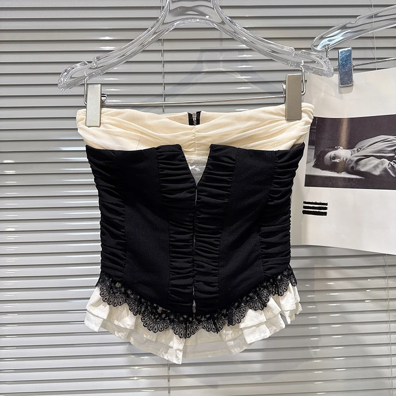 Spring Autumn Fashion Lace Splice Fishbone Chest Hugging Vest Top Female Sleeveless Zipper Color Blocking Slim Tube Top Women