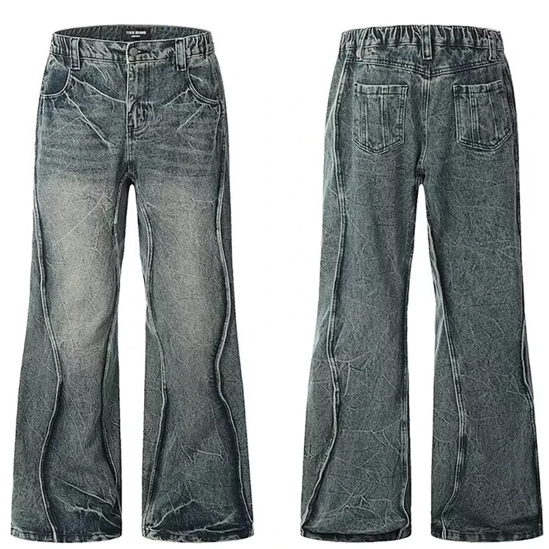 Arc Line Lightning Baggy Jeans Man Pants Y2k Return Heavy Washed Denim Trousers 2025 Punk Goth Hip Hop High Street Jeans For Man