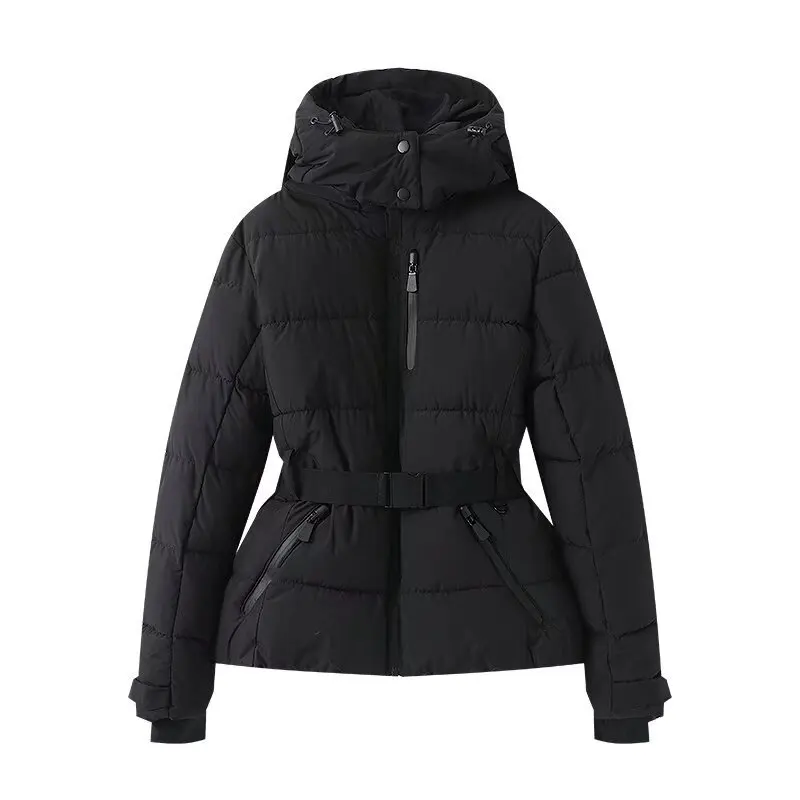 Frauen Baumwolle Jacke Winter Ski Anzug mit Gürtel Stehkragen warme Kapuzenjacke Weibliche Gepolsterte Parka Winter Winddichte Jacke