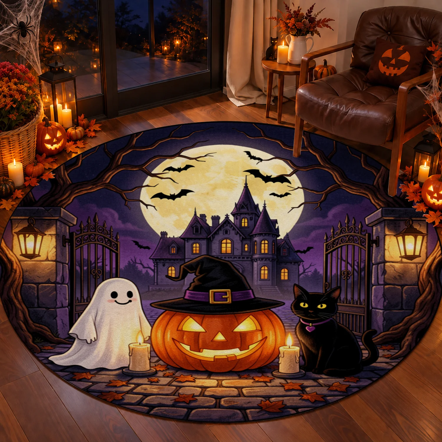 Halloween Haunted Mansion Ghost Pumpkin Bat Black Cat Design Round Velvet Rug Machine Washable for Living Room Dining Area Entryway Thanksgiving Black Friday Christmas New Year