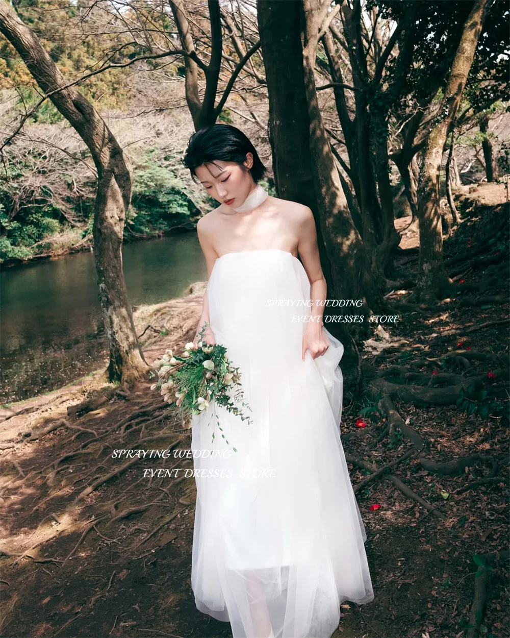 SPRAYING Ivory Tulle Wedding Dress Korea Photo Shoot Strapless Sleeveless Bridal Gowns A line Long Corset Customized 웨딩드레스