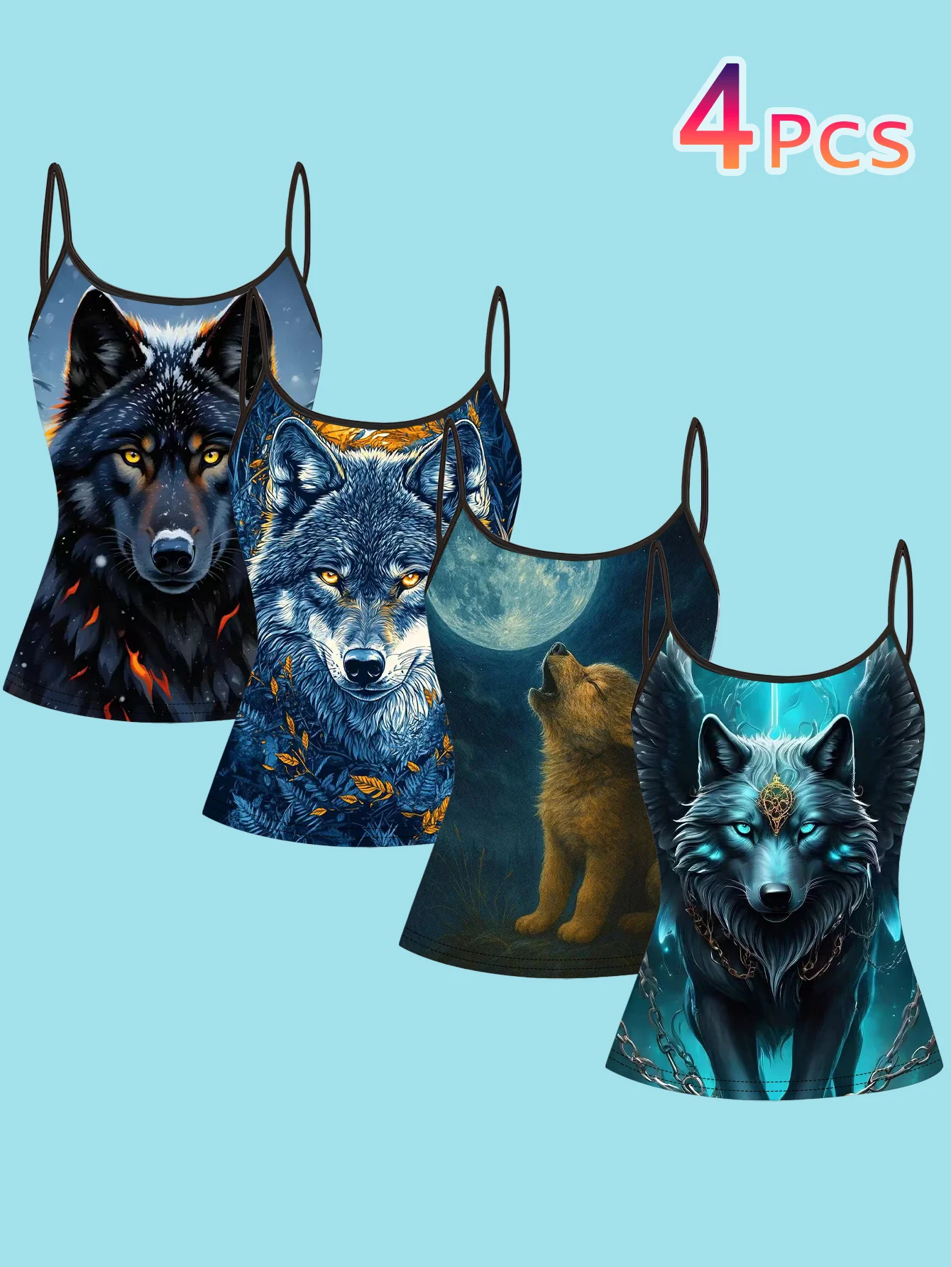 4-Piece Set of Women's Camisole with Wild Wolf Moon Night Print, Wolf Head, Full Moon, Flame Wings, Mysterious Style, Thin Straps, Slim Fit Inner Top