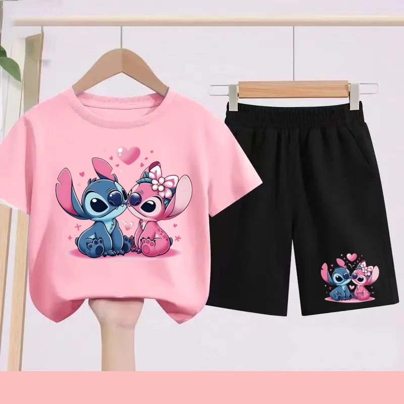 Детские летние милые дышащие футболки с принтом Disney Stitch + шорты, комплект из 2 предметов для детей от 3 до 12 лет, комплект с круглым вырезом для мальчиков и девочек, детская одежда для отдыха