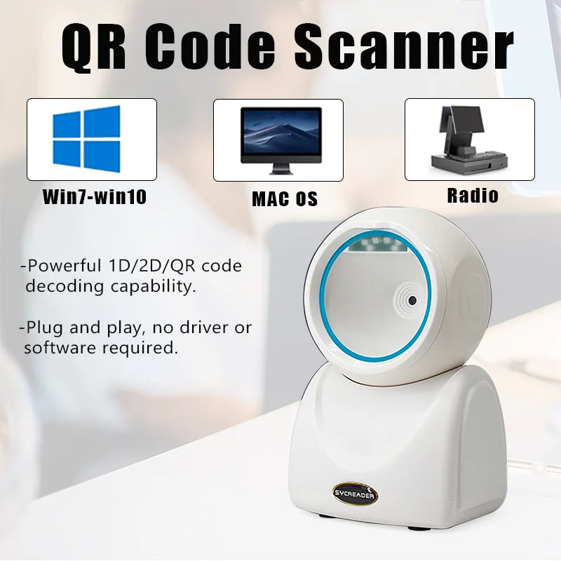2D Barcode Scanner Image Platform Desktop Scanner QR Code Scanner USB Plug-In Scan Code Payment For Supermarket, Retail Store