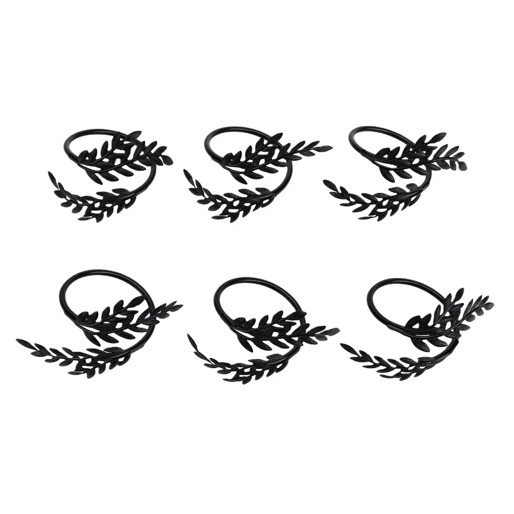 6 pcs Black Leaf Napkin Rings Black Wheat Ear Design Metal Construction Napkin Ring Holders Decorative Twist Curtain Tiebacks