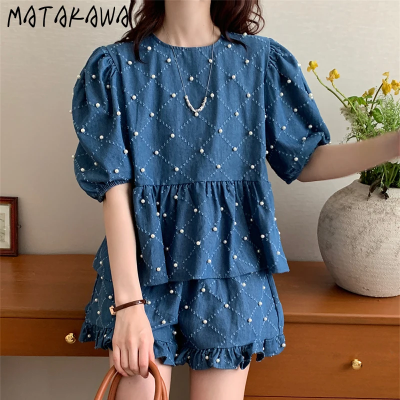 

Matakawa Shorts Sets Beading Solid Blue Spring Summer Korean Fashion 2 Pieces Women Outfits Sweet Conjunto Femenino