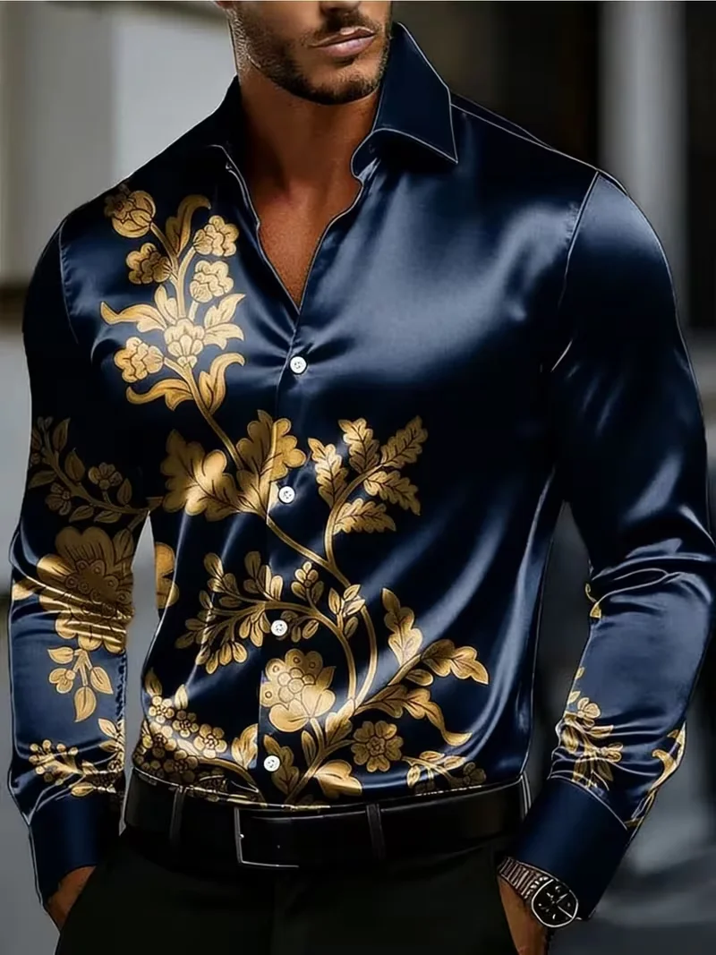 New Tibetan Blue Gilded Embroidered Flower 3D Printed Long Sleeve Shirt Light Luxury Elegant Men's Business Shirt