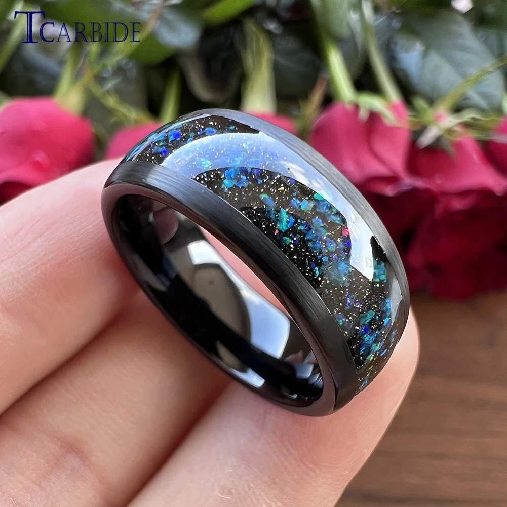 Black Hammer Ring Multi Facet Tungsten Wedding Band For Men Women With Galaxy Series Opal Inlay 8MM Comfort Fit