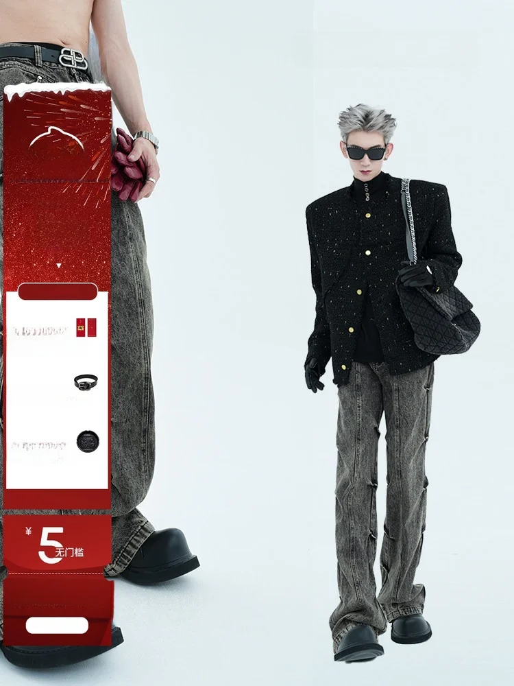 

Мужские джинсы в американском ретро-стиле, весенне-осенние, для мальчиков, с плиссировкой в стиле «Desert Wind», удлиненные, расклешенные брюки