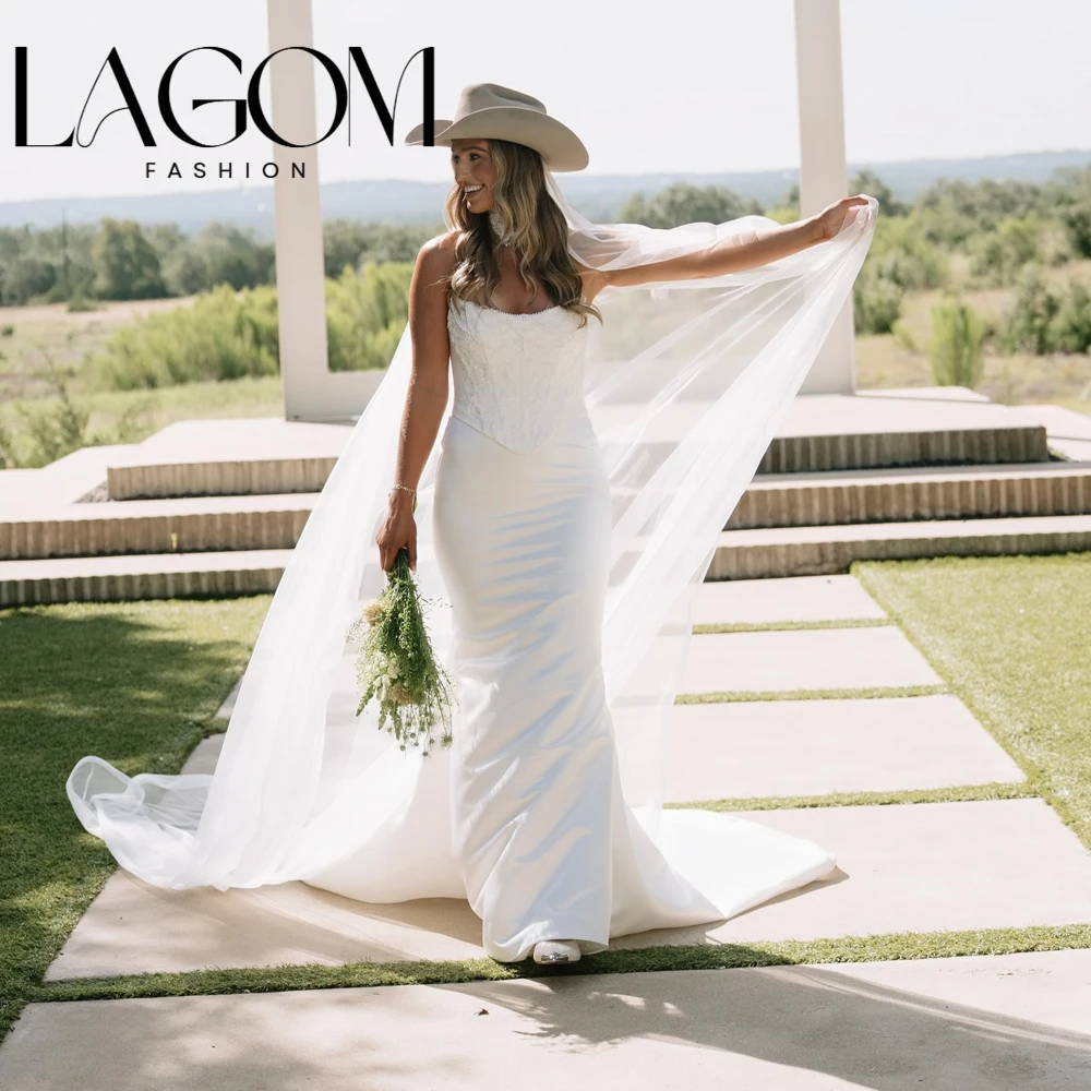 Lagom New Elegant Simple White Sweetheart Mermaid Pearl Lace Corset Bodice Matte Satin Wedding Dress Vestido de novia Customized
