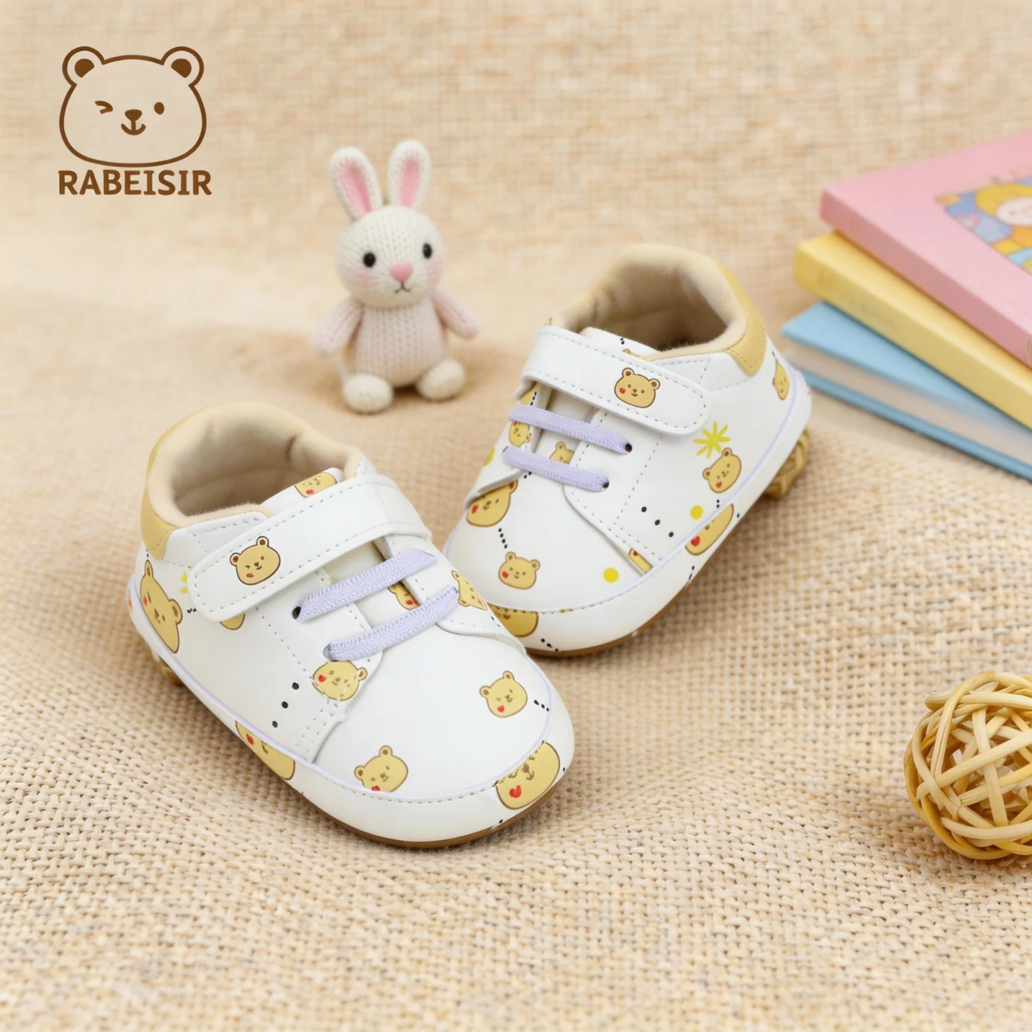 Cartoon Bear Print Baby Casual White Shoes with Velcro Straps and Heel Loops, Lightweight Soft-Soled Baby Walking Shoes