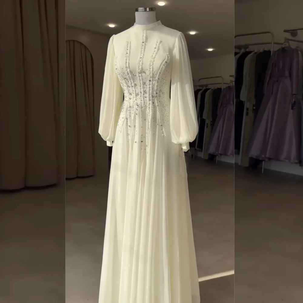 

Customized Classic Chiffon Pleat Sequined A-line High Collar Long Dresses Bespoke Occasion Homecoming Sizes Available