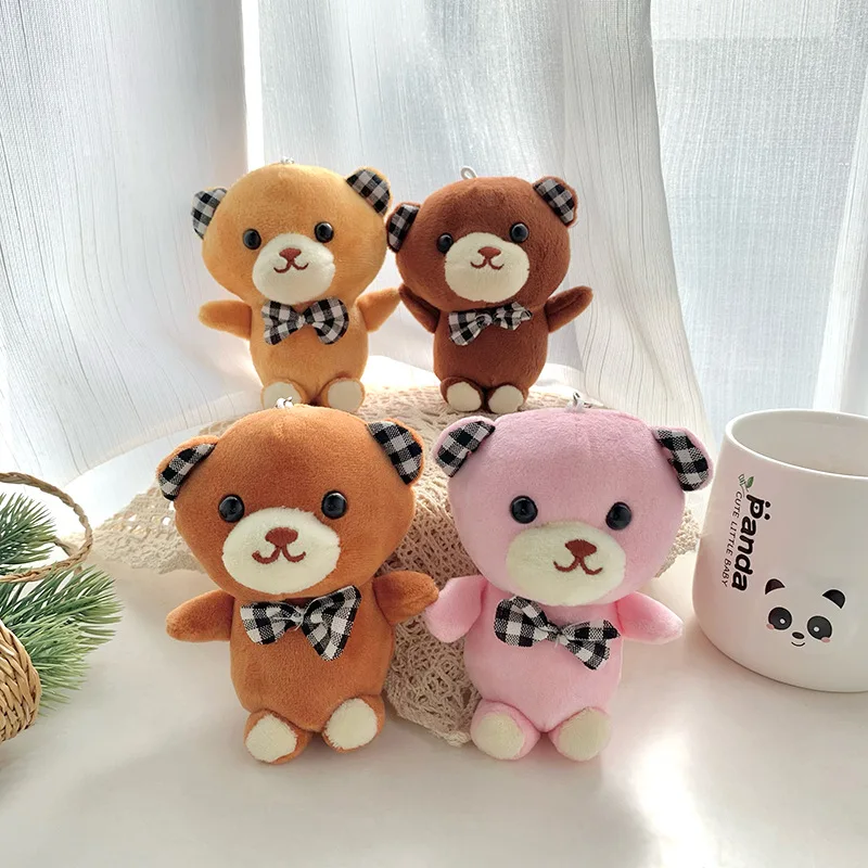 Cute Plaid Bow Tie Teddy Bear Plush Doll Keychain Cartoon Animal Bear Doll Key Ring Pendant Girl Bag Accessories Gift