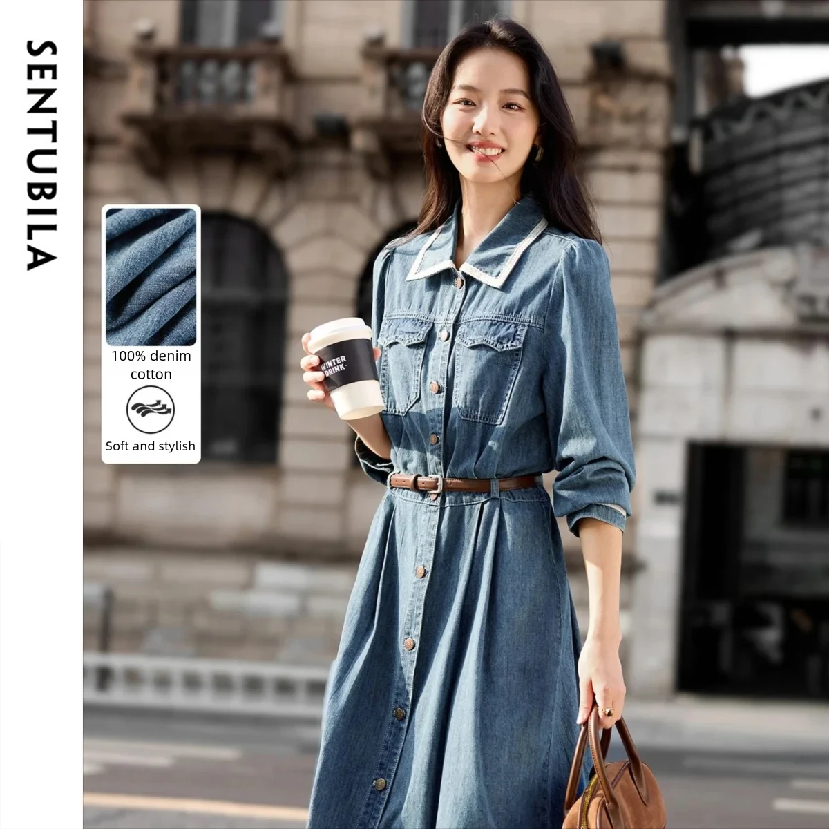 

SENTUBILA Pure Cotton Denim Dress Women's Autumn Lapel Long Sleeve Contrasting Lace Midi Dresses W53LH3507