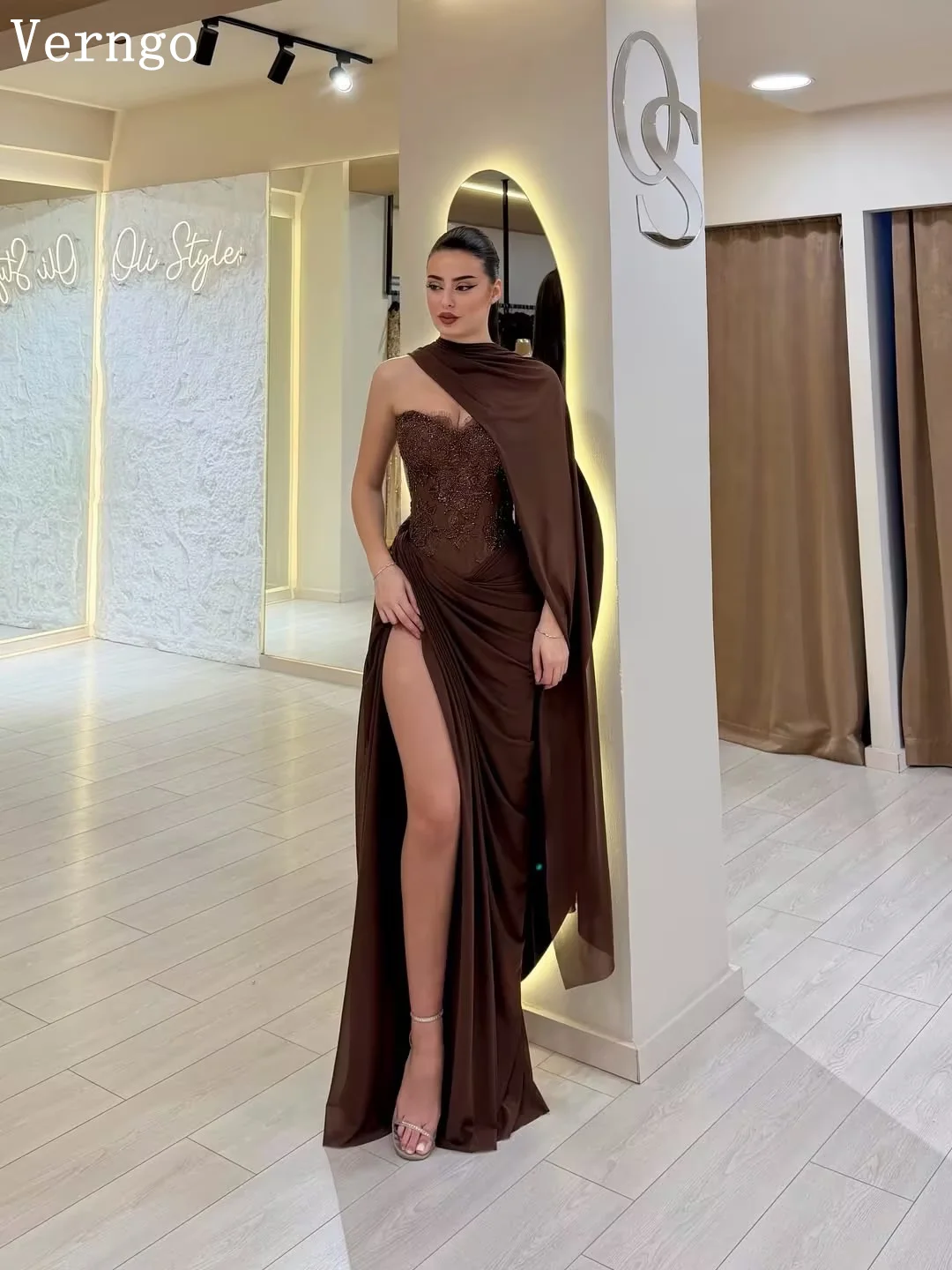 Verngo Brown Chiffon Evening Dress Sequined Strapless Mermaid Side Slit Prom Gowns Women Modern Party Dress Customized image 5