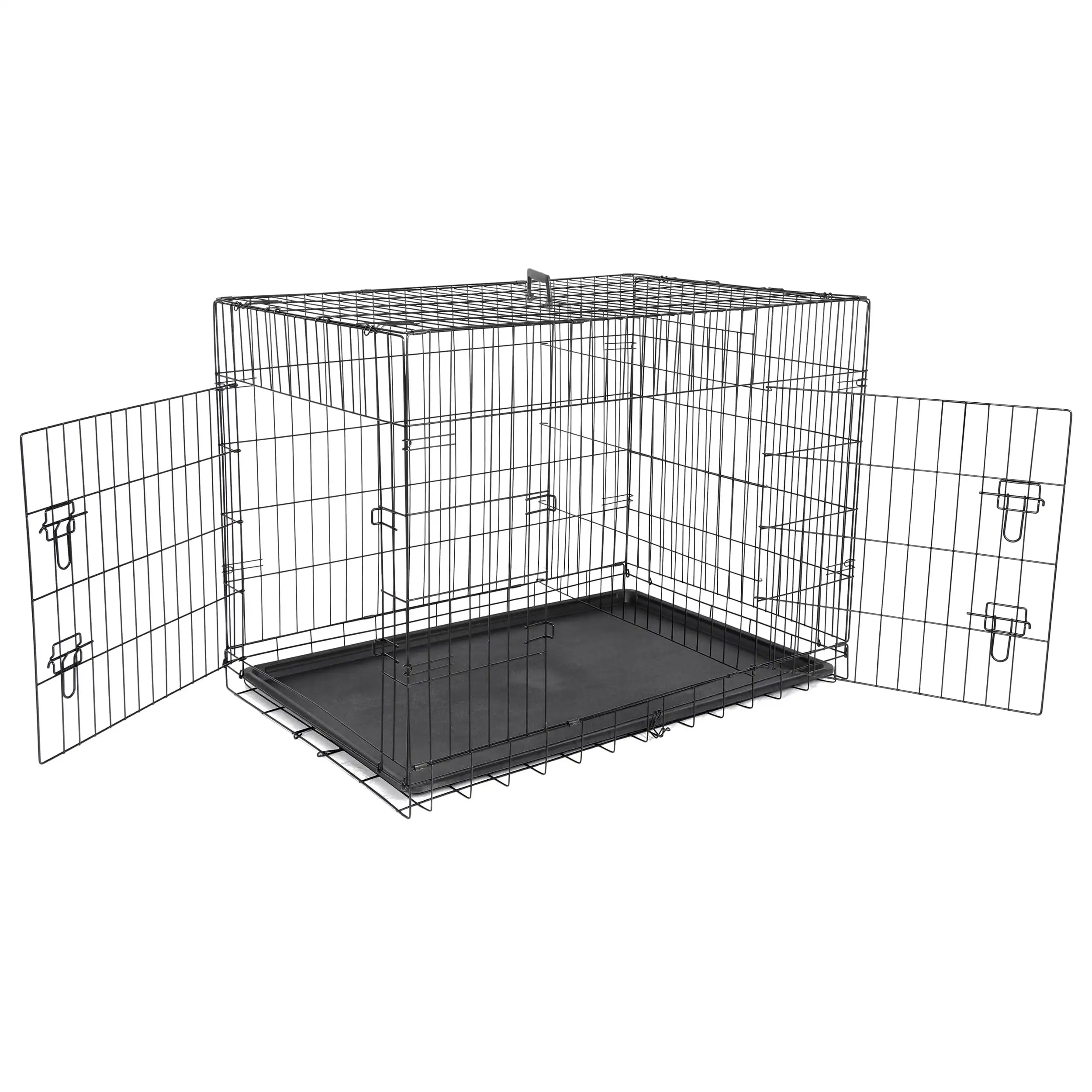 

42 Foldable Large Dog Crate Kennel Double Door Steel Dog Cage Black Washable Tray Portable Collapsible