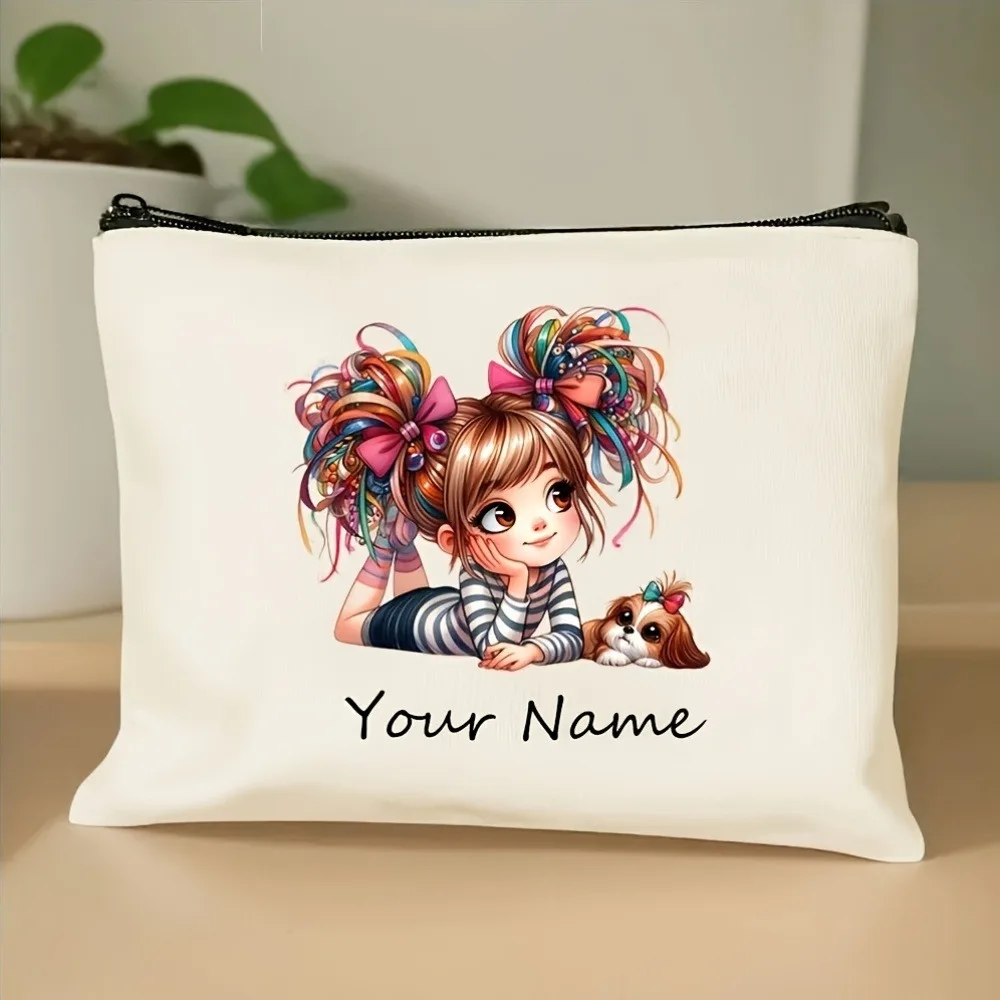 Add Your Name Makeup Bag Cute Girl Pattern Portable Zipper Toiletry Storage Bags Cosmetic Pouch Women Friend  Memorial Day Gift