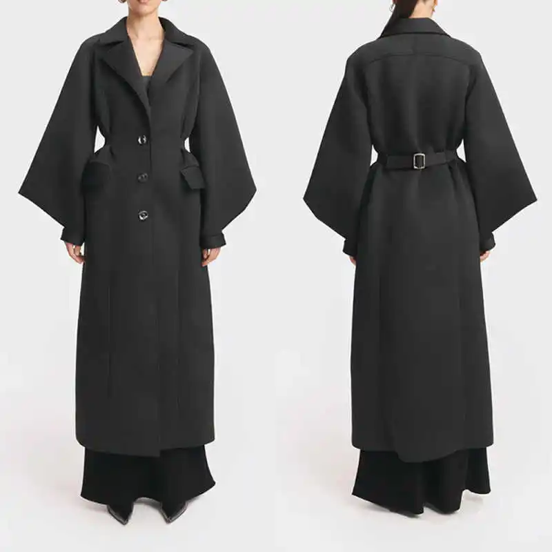 Stylish Female Maxi Overcoat Notch Collar Flare Sleeve Waist Belt Jacket Casual Costume For Dating Office Gathering Custom
