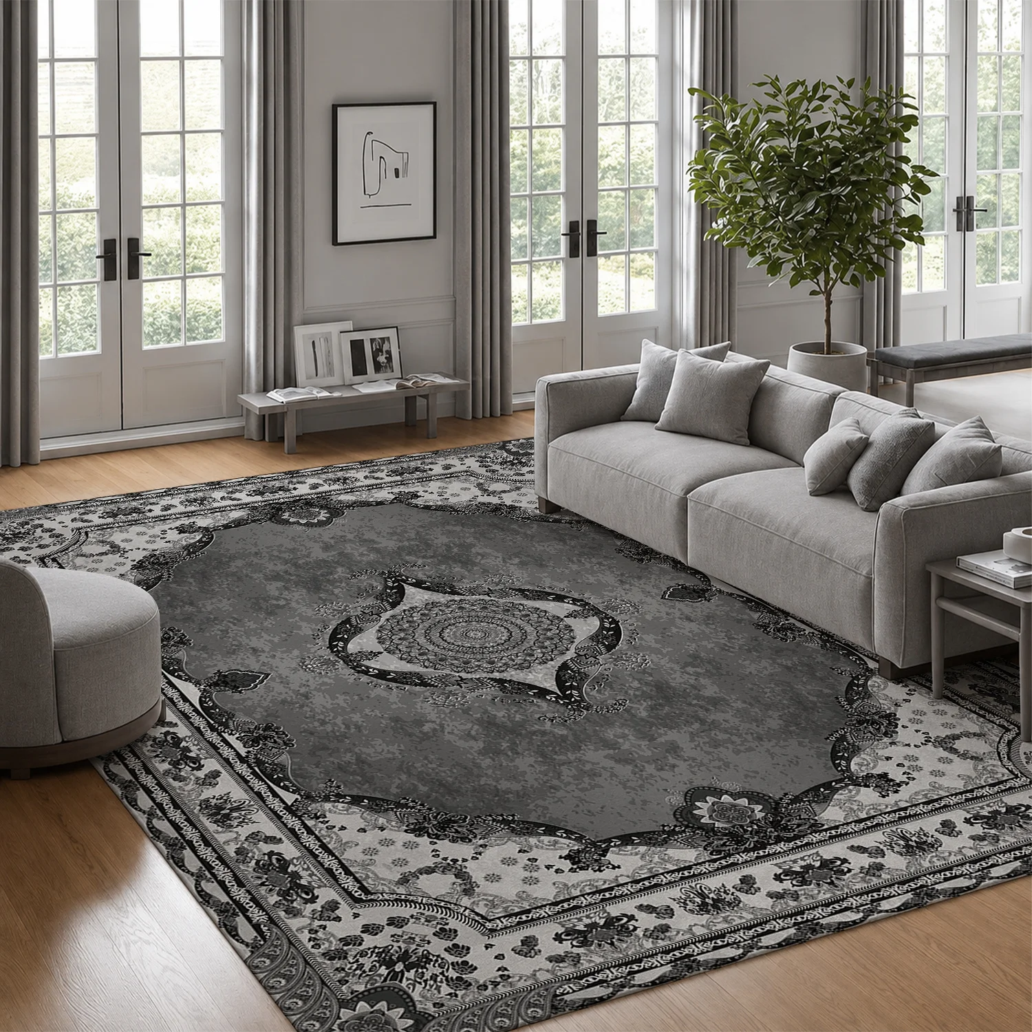 Large Indoor Area Rug, Soft Velvet Low Pile Non-Slip Dotted Backing Machine Washable, Ornate Vintage Medallion Pattern Decorative Floor Carpet for Living Room Bedroom Indoor Use