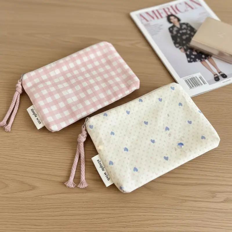 Portable Small Cosmetic Bag Stripe Dot Cotton Storage Pouch Tear Resistant Zipper Coin Purse for Weekend Vacation Use