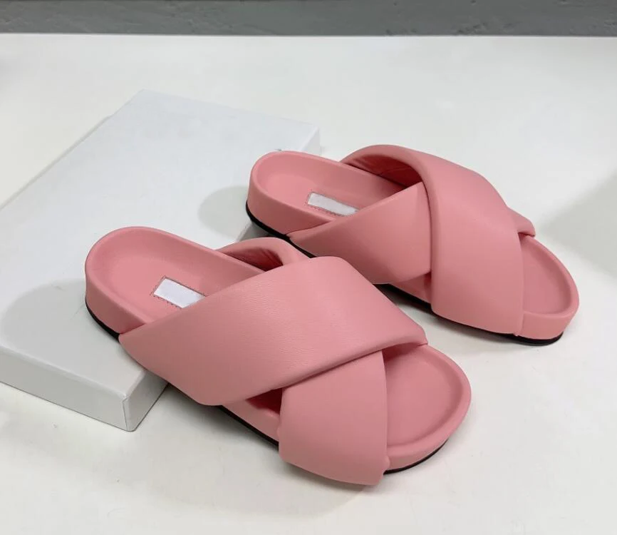 Pink Black Leather Corss Open Toe Summer Slipper Shoe Slip on Flat Platform Leisure Beach Slides Brand Name Luxury Loafers