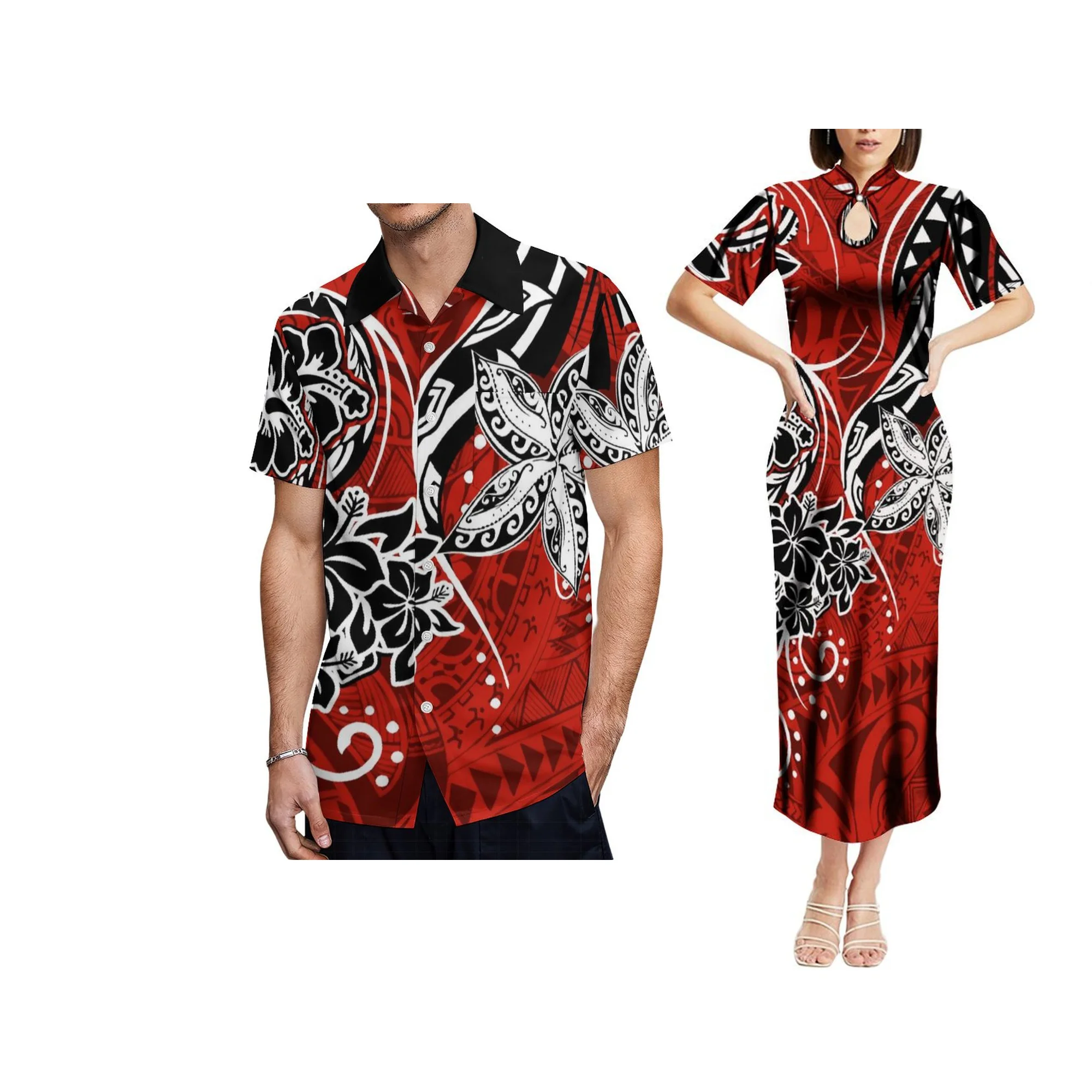 New Design Customizable Women Elegant Mandarin Collar Short Sleeve Dress Ladies Polynesian Dress Plus Size Womens Clothing