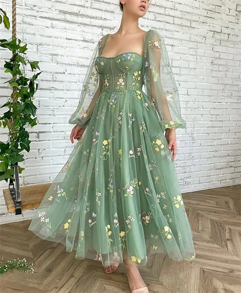 Fairy Flower Embroidery Tulle Beach Dress for Women Puffy Sleeve A-line Formal Evening Party Prom Gowns Tea Length