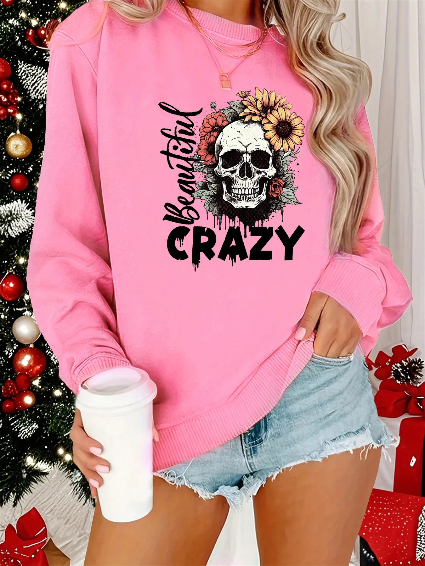 Damski sweter na jesień i zimę, luźny, wygodny, ciepły, z nadrukiem czaszki i liter, okrągły dekolt, długi rękaw.