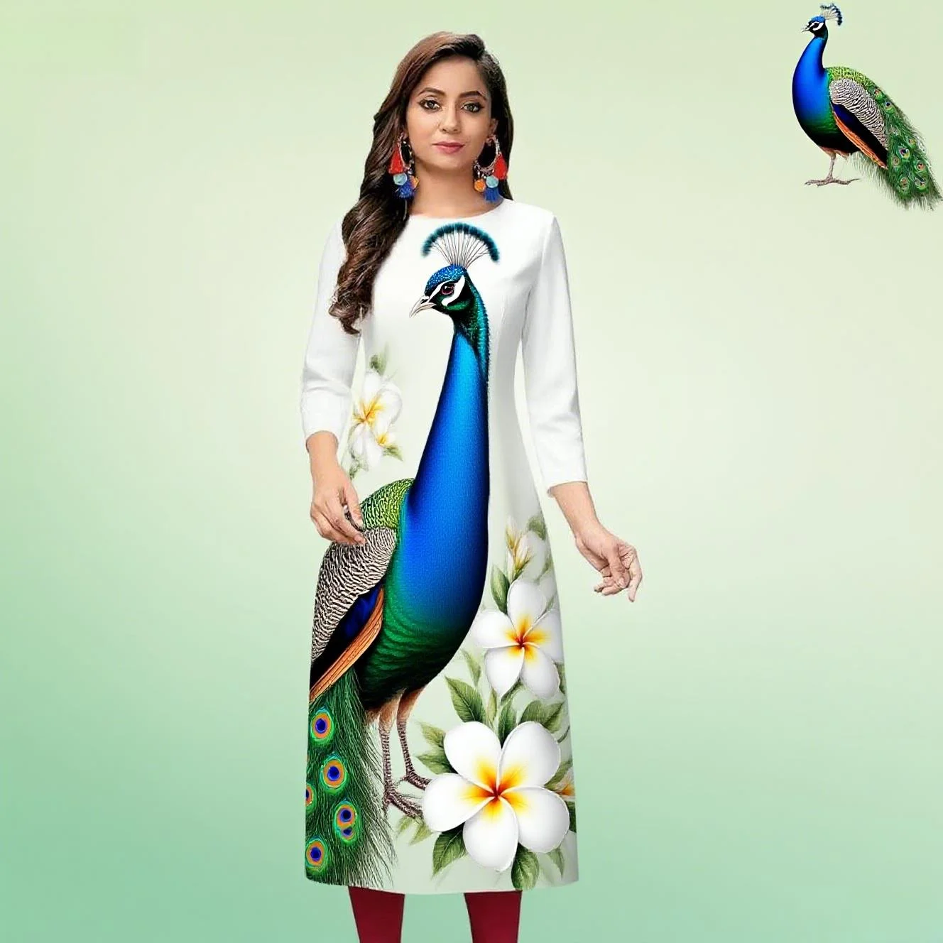 Abito moda casual Kurt da donna a maniche lunghe tubo dritto casual fiore etnico mandarino girocollo design di dimensioni regolari