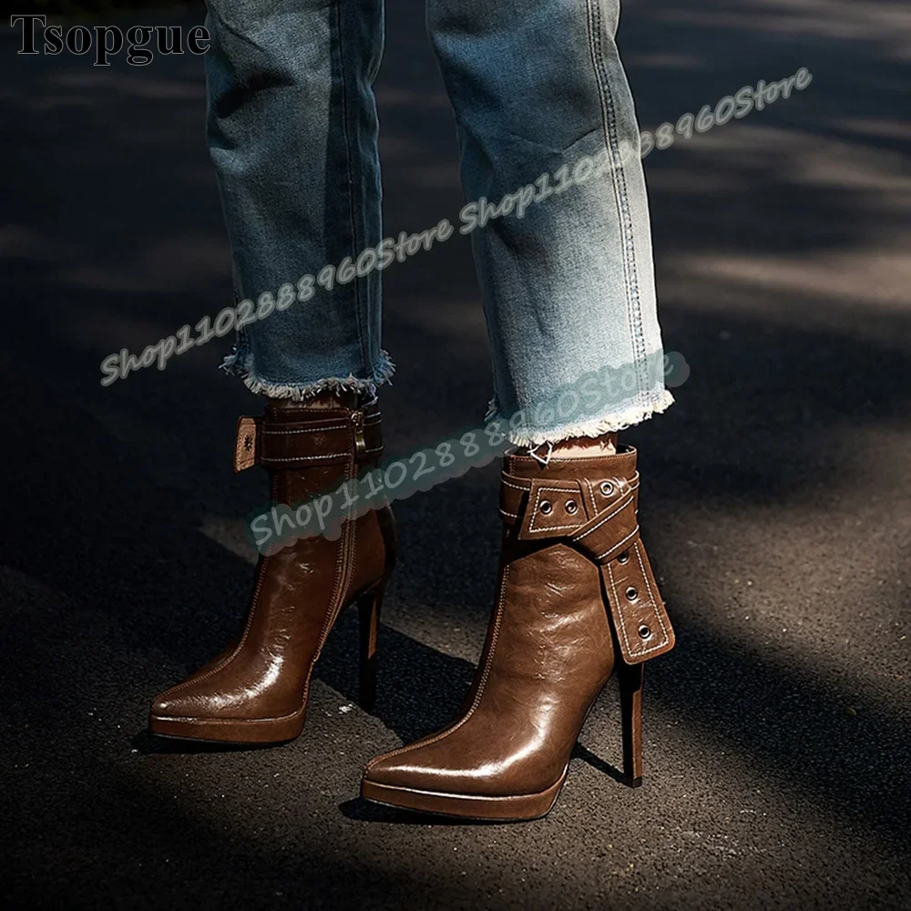 Coffee Color Leather Belt Strap Pointy Ankle Boots Thin High Heel Shoes For Women Side Zipper Pointed Toe Retro Style Boots