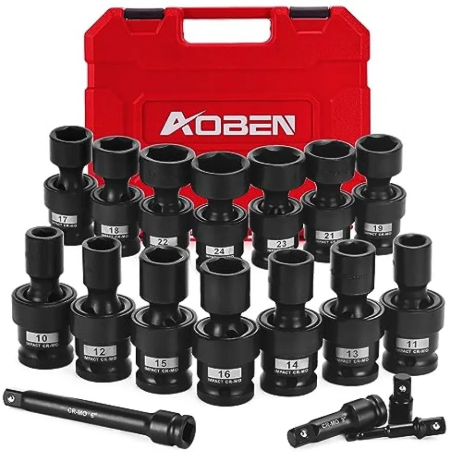 

18 PCS 1/2" Drive Shallow Universal Impact Socket Set Swivel Socket with Flexible Wobble 6 Point Metric 10-24mm Cr-V Steel Incl